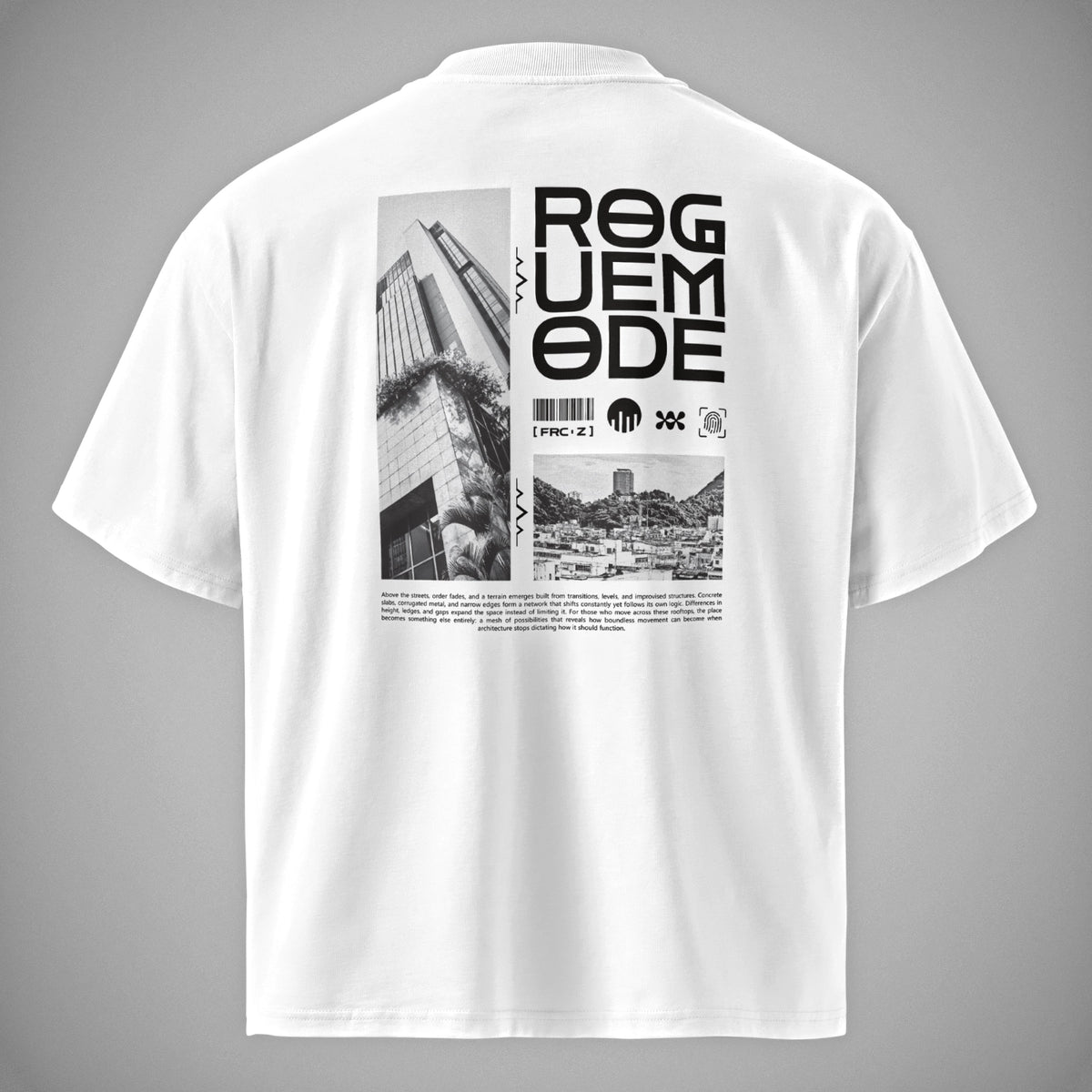 FORCE ZERO Oversized T-Shirt weiß in der Rückansicht, mit dem Rogue Mode Backprint. T-Shirt besitzt ein High Neck Kragen.
