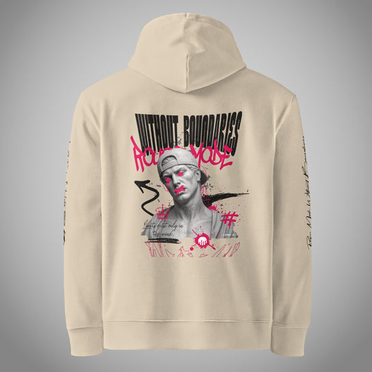 Ein beiger Core Fit Hoodie der Marke FORCE ZERO im Rogue Mode Renegade Design zeigt als Produkt-Rückansicht (Mockup) einen großen, detailreichen Backprint mit einer antiken Büste mit Cap, dem neongesprühten „Rogue Mode“-Graffiti, dem schwarzen Schriftzug „WITHOUT BOUNDARIES“ sowie dem Spruch „Limits exist only in the mind.“, ergänzt durch schwarze Grafik- und Text-Prints auf beiden Ärmeln.