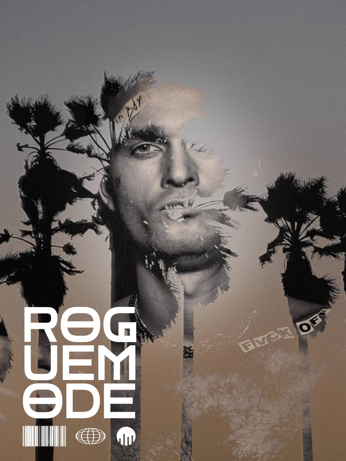 Ein künstlerisches Grafik-Banner im Rogue Mode Design der Marke FORCE ZERO zeigt eine Doppelbelichtung aus dem Gesicht eines männlichen Models, dunklen Palmen-Silhouetten, dem großen weißen Schriftzug „ROGUE MODE“ und kleinen Textelementen wie „BAD BOY“ sowie „FUCK OFF“.
