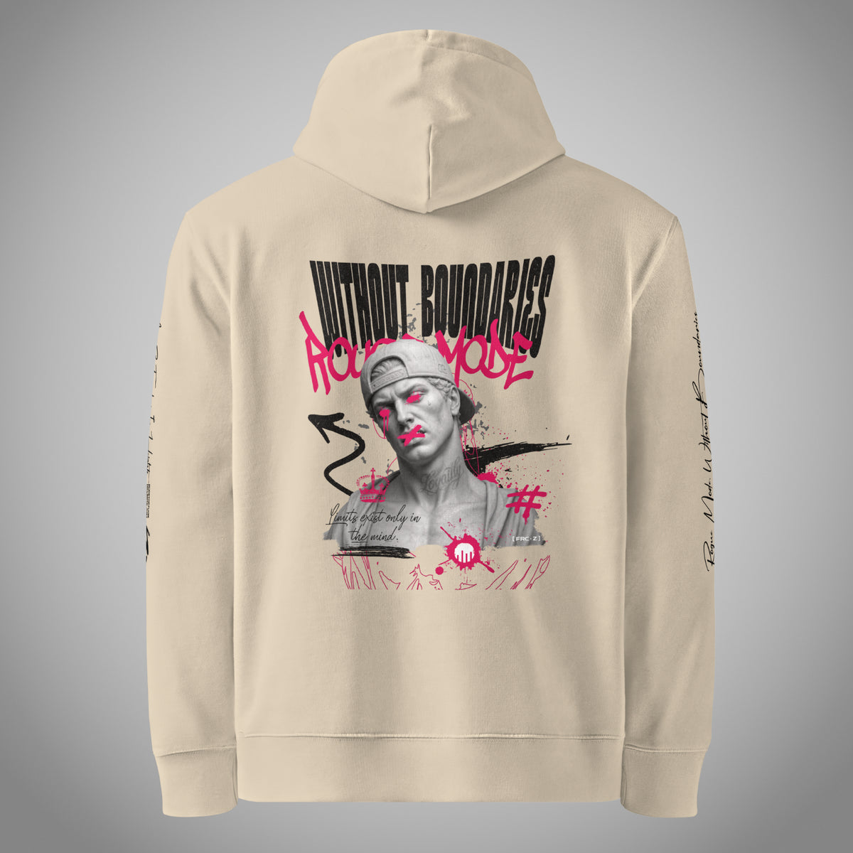 Ein beiger Core Fit Hoodie der Marke FORCE ZERO im Rogue Mode Renegade Design zeigt als Produkt-Rückansicht (Mockup) einen großen, detailreichen Backprint mit einer antiken Büste mit Cap, dem neongesprühten „Rogue Mode“-Graffiti, dem schwarzen Schriftzug „WITHOUT BOUNDARIES“ sowie dem Spruch „Limits exist only in the mind.“, ergänzt durch schwarze Grafik- und Text-Prints auf beiden Ärmeln.
