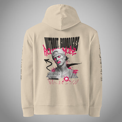 Ein beiger Core Fit Hoodie der Marke FORCE ZERO im Rogue Mode Renegade Design zeigt als Produkt-Rückansicht (Mockup) einen großen, detailreichen Backprint mit einer antiken Büste mit Cap, dem neongesprühten „Rogue Mode“-Graffiti, dem schwarzen Schriftzug „WITHOUT BOUNDARIES“ sowie dem Spruch „Limits exist only in the mind.“, ergänzt durch schwarze Grafik- und Text-Prints auf beiden Ärmeln.