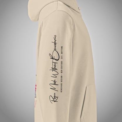 Eine Seitenansicht eines beigen Core Fit Hoodies der Marke FORCE ZERO im Rogue Mode Renegade Design zeigt als Produkt-Vorderansicht (Mockup) ein detailreiches Ärmel-Element mit dem schwarzen Schreibschrift-Schriftzug „Rogue Mode Without Boundaries“ sowie dem gedruckten Text „RENEGADE DESIGN - BEN EDITION - EST. ANYTIME“.