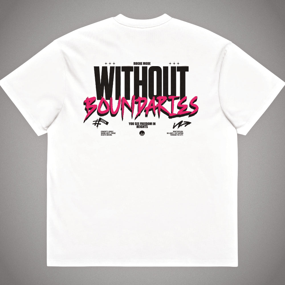 Weißes Oversized T-Shirt der Marke FORCE ZERO aus der Rogue Mode Design-Schiene in der Produkt-Rückansicht mit großem „WITHOUT BOUNDARIES“ Grafikprint in Schwarz und auffälligem Pink auf dem Rücken.