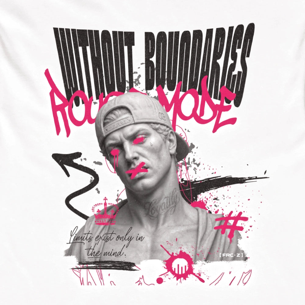 Ein weißes Boxy Cut T-Shirt der Marke FORCE ZERO im Rogue Mode Design zeigt als Produkt-Vorderansicht (Mockup) einen detailreichen Print mit einer antiken Büste mit Cap, neongesprühtem Graffiti-Schriftzug „Rogue Mode“, dem schwarzen Text „WITHOUT BOUNDARIES“ und dem Spruch „Limits exist only in the mind.“.