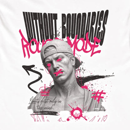 Ein weißes Boxy Cut T-Shirt der Marke FORCE ZERO im Rogue Mode Design zeigt als Produkt-Vorderansicht (Mockup) einen detailreichen Print mit einer antiken Büste mit Cap, neongesprühtem Graffiti-Schriftzug „Rogue Mode“, dem schwarzen Text „WITHOUT BOUNDARIES“ und dem Spruch „Limits exist only in the mind.“.