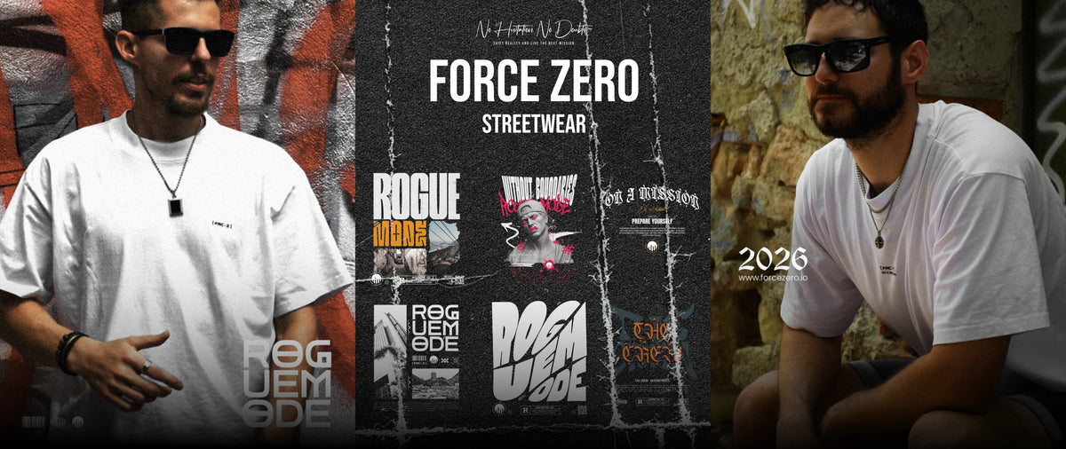 Ein dreigeteilter Hero Banner der Marke FORCE ZERO zeigt zwei männliche Models in weißen T-Shirts mit Sonnenbrillen vor urbanen Graffiti- und Steinwänden, flankiert von einer zentralen, dunklen Grafikfläche mit dem großen weißen Schriftzug „FORCE ZERO STREETWEAR“, dem Slogan „No Hesitation No Doubts“ und verschiedenen Design-Vorschauen wie „ROGUE MODE“, „WITHOUT BOUNDARIES“ und „ON A MISSION“.
