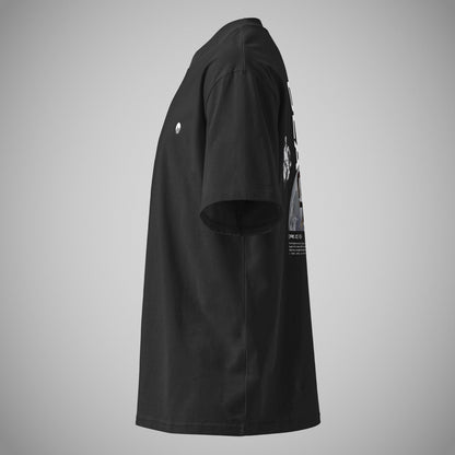 Das Code Black Design oversized T-Shirt von der Kleidermarke FORCE ZERO in schwarz und Seitenansicht.